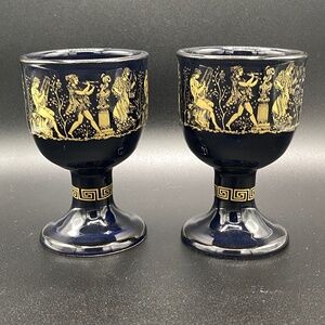 Wine Cups Black Ceramic 24K Gold Greek Decoration Hand made in Greece.